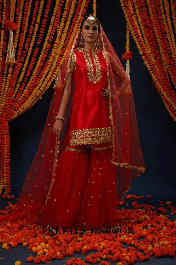 Red Gotawork Embroidered Kurta Gharara Set - Preeti S Kapoor