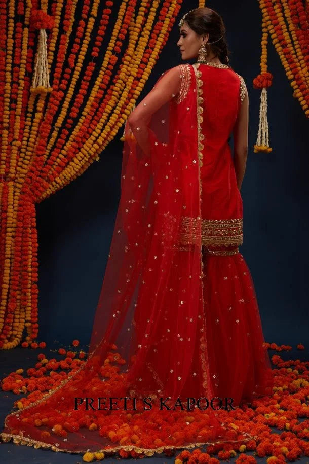 Red Gotawork Embroidered Kurta Gharara Set - Preeti S Kapoor