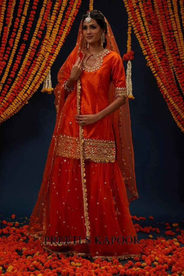 Rust Gotawork Embroidered Kurta Gharara Set - Preeti S Kapoor