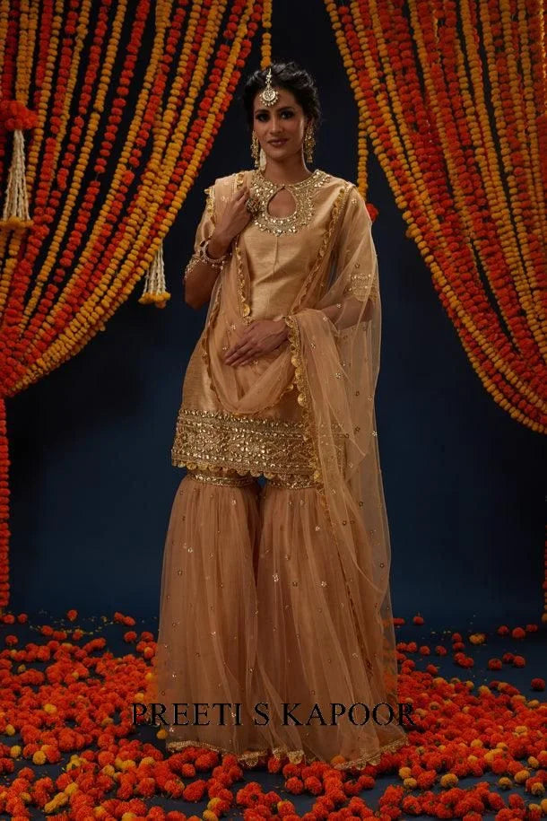 Beige Gotawork Embroidered Kurta Gharara Set - Preeti S Kapoor