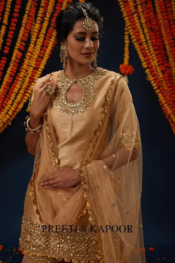 Beige Gotawork Embroidered Kurta Gharara Set - Preeti S Kapoor