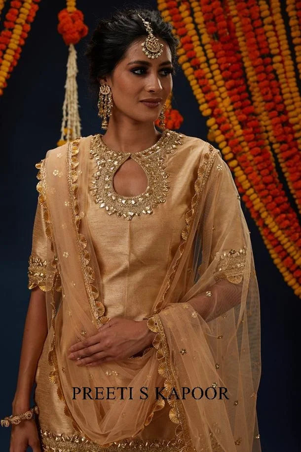 Beige Gotawork Embroidered Kurta Gharara Set - Preeti S Kapoor
