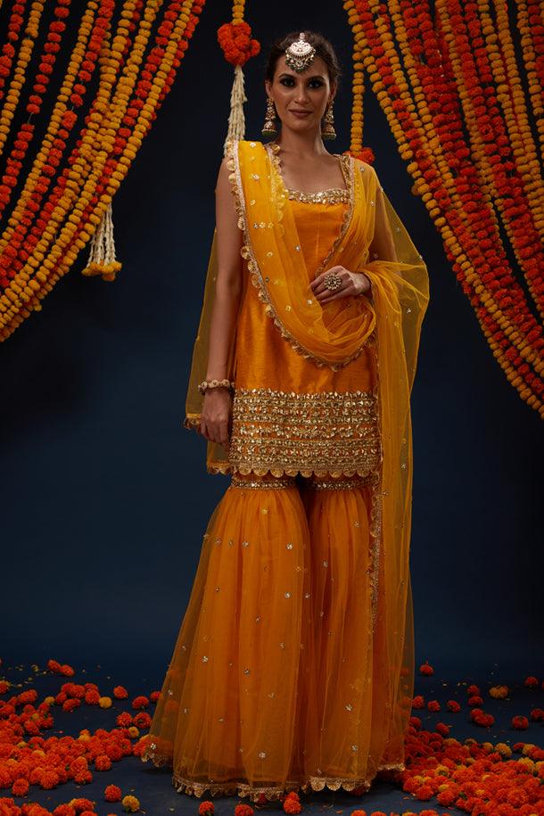 Bright Yellow Gotawork Embroidered Kurta Gharara Set - Preeti s kapoor