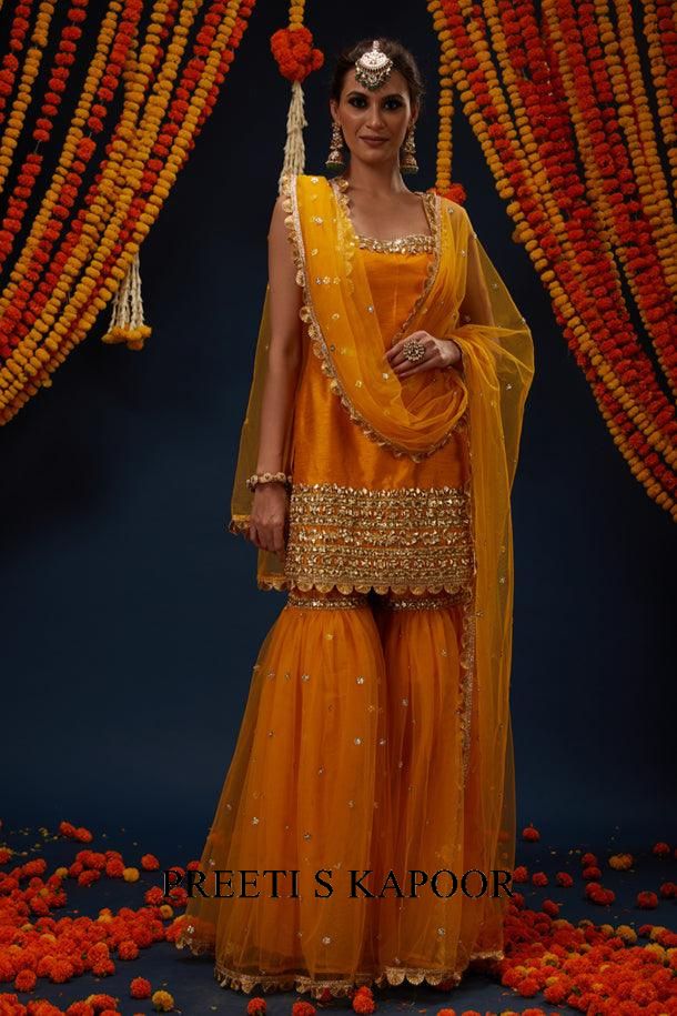 Bright Yellow Gotawork Embroidered Kurta Gharara Set