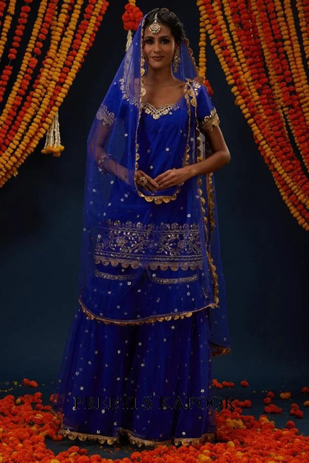 Electric Blue Gotawork Embroidered Kurta Gharara Set - Preeti S Kapoor