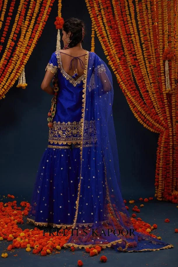 Electric Blue Gotawork Embroidered Kurta Gharara Set - Preeti S Kapoor
