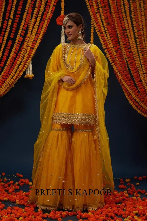 Cadmium Yellow Gotawork Embroidered Kurta Gharara Set - Preeti S Kapoor