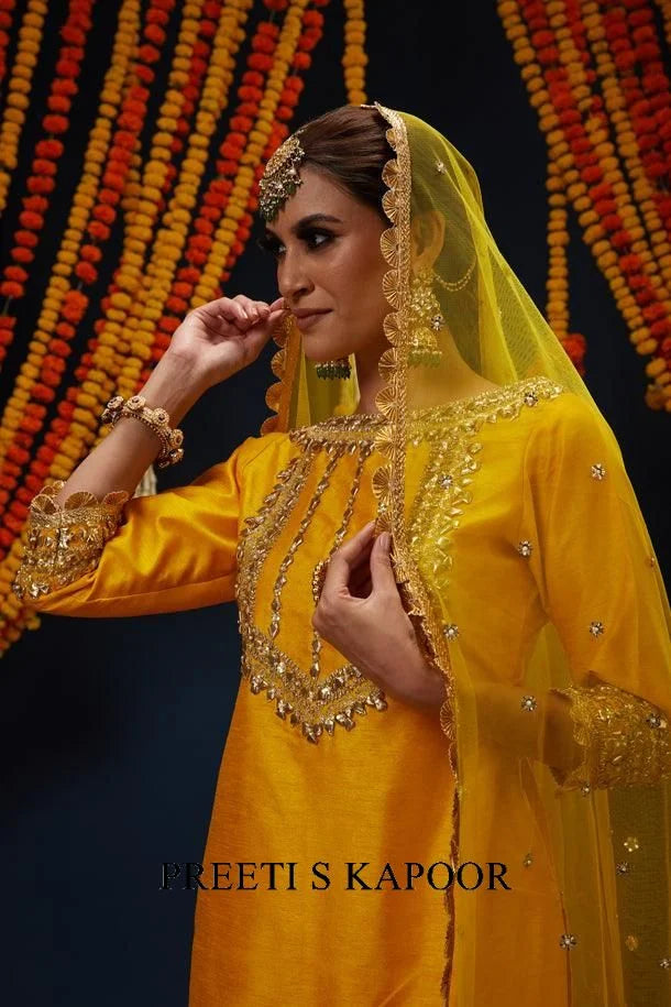 Cadmium Yellow Gotawork Embroidered Kurta Gharara Set - Preeti S Kapoor