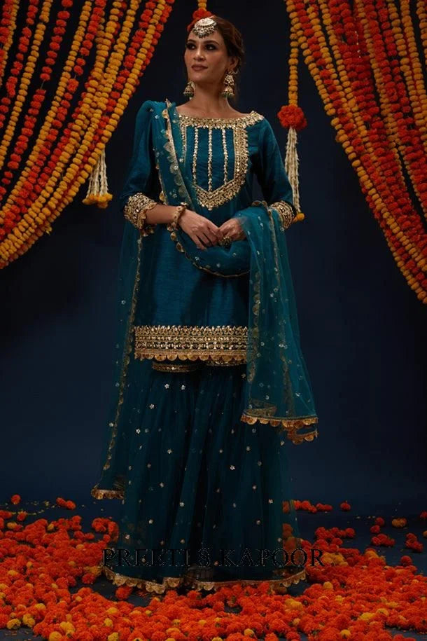 Bottle Green Gotawork Embroidered Kurta Gharara Set - Preeti S Kapoor