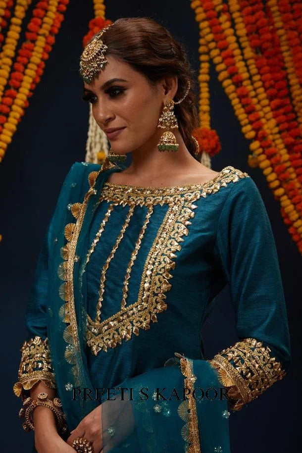 Bottle Green Gotawork Embroidered Kurta Gharara Set - Preeti S Kapoor