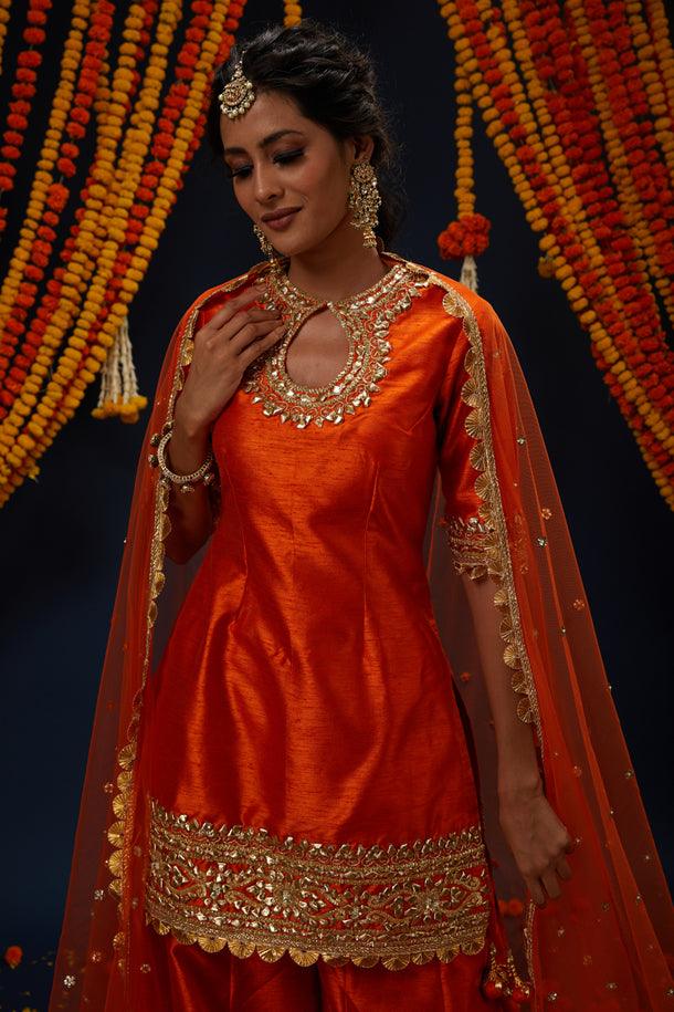 Rust Gotawork Embroidered Kurta Sharara Set - Preeti s kapoor
