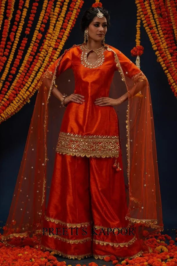 Rust Gotawork Embroidered Kurta Sharara Set - Preeti S Kapoor