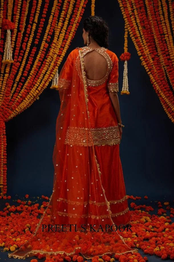 Rust Gotawork Embroidered Kurta Sharara Set - Preeti S Kapoor