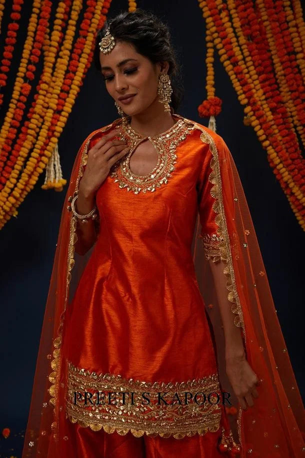 Rust Gotawork Embroidered Kurta Sharara Set - Preeti S Kapoor