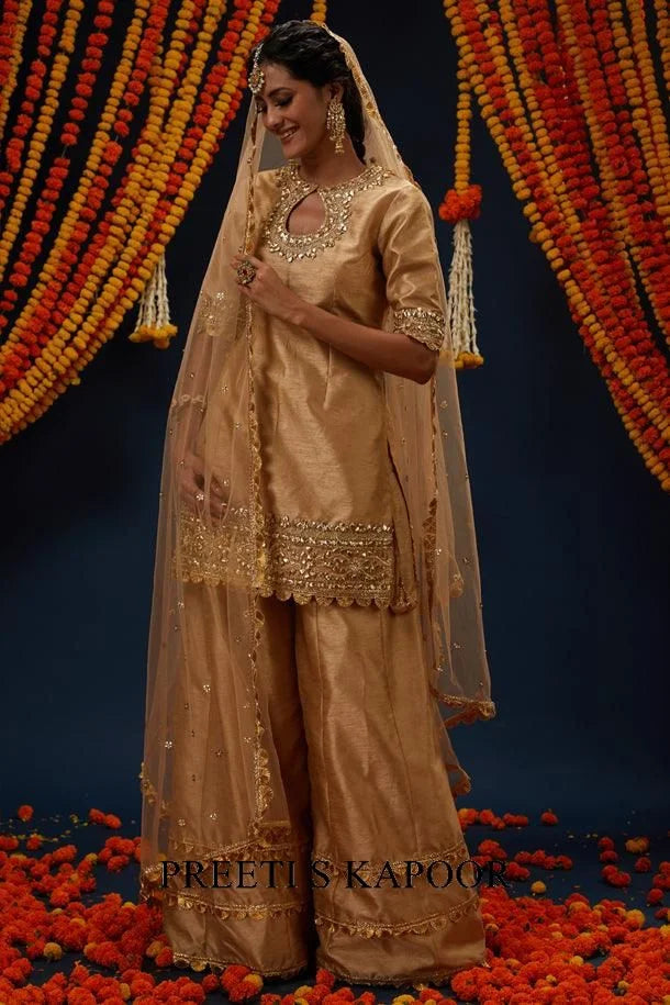Beige Gotawork Embroidered Kurta Sharara Set - Preeti S Kapoor