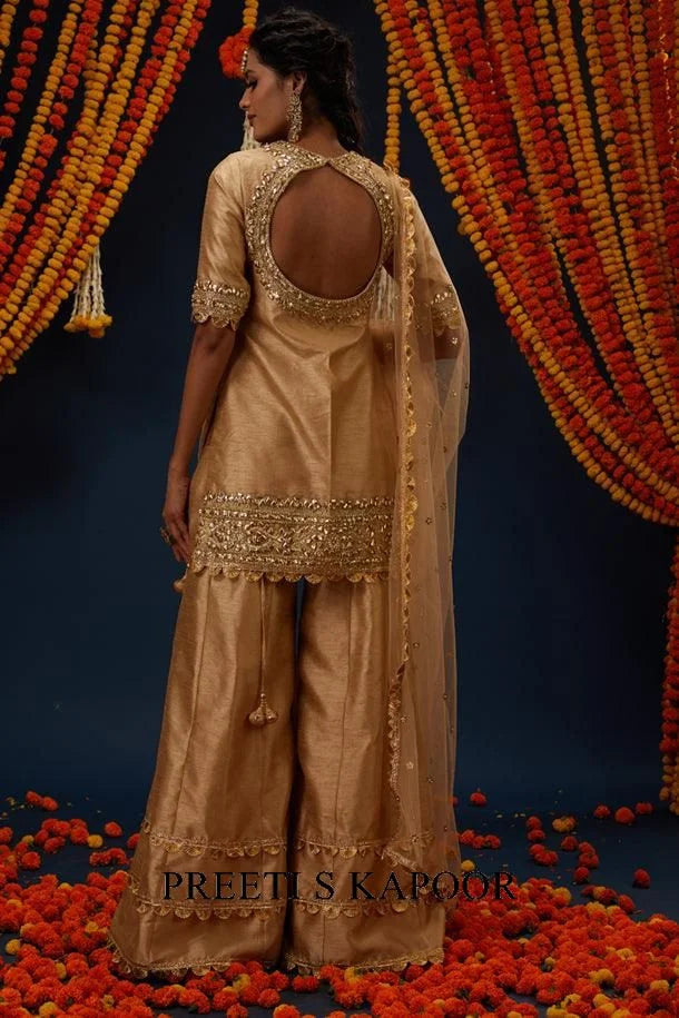 Beige Gotawork Embroidered Kurta Sharara Set - Preeti S Kapoor