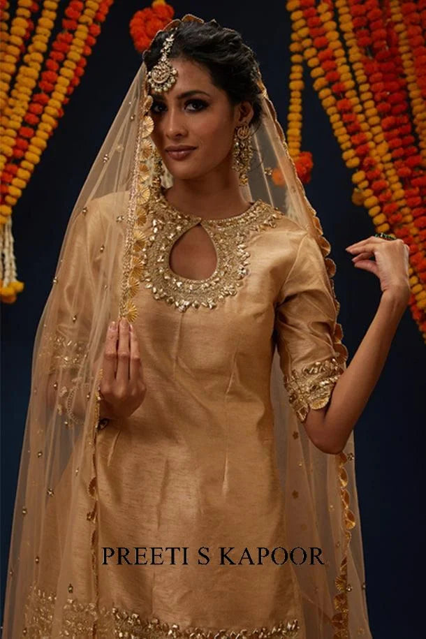 Beige Gotawork Embroidered Kurta Sharara Set - Preeti S Kapoor