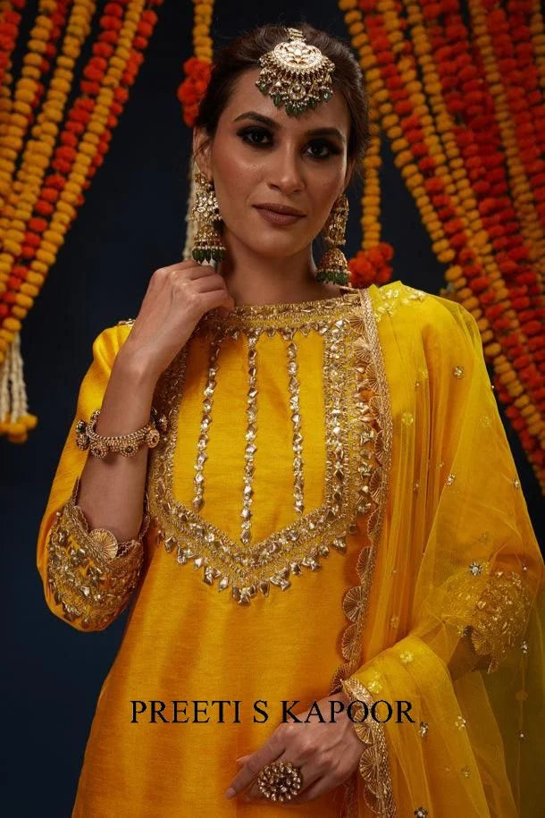 Cadmium Yellow Gotawork Embroidered Kurta Sharara Set - Preeti S Kapoor