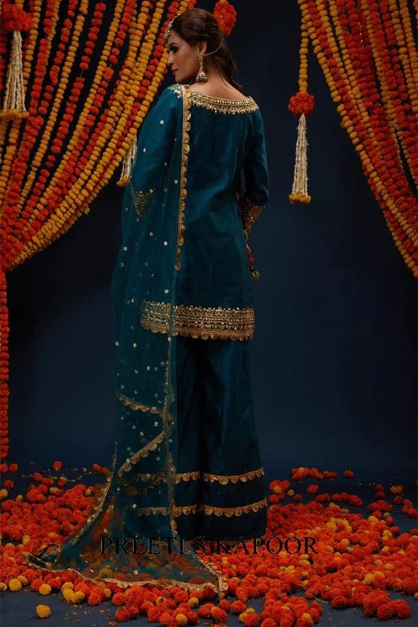 Bottle Green Gotawork Embroidered Kurta Sharara Set - Preeti S Kapoor