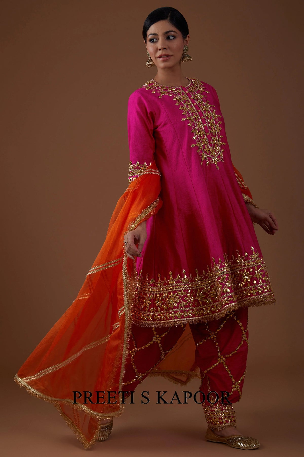 Vivid berry hued dupion silk Short Anarkali salwar set - Preeti S Kapoor
