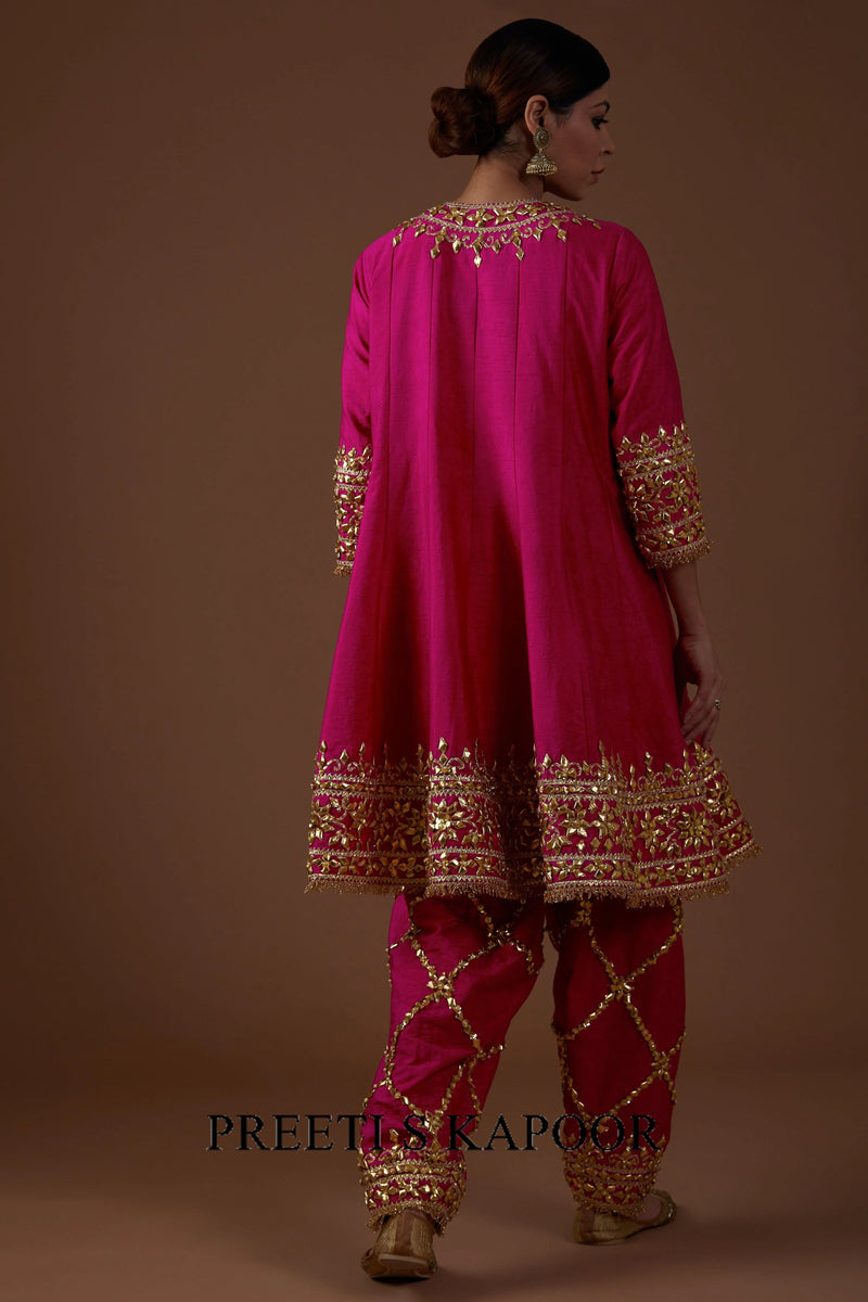 Vivid berry hued dupion silk Short Anarkali salwar set - Preeti S Kapoor