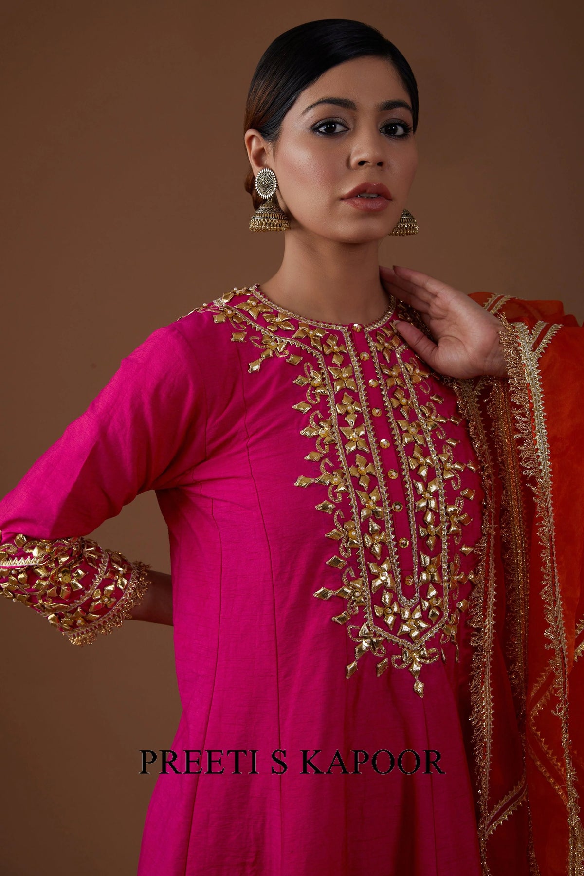 Vivid berry hued dupion silk Short Anarkali salwar set - Preeti S Kapoor