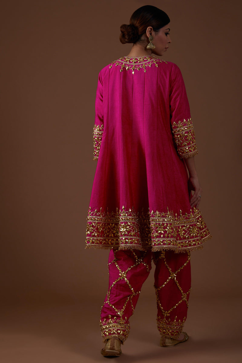 vivid berry hued dupion silk Short Anarkali salwar set - Preeti s kapoor