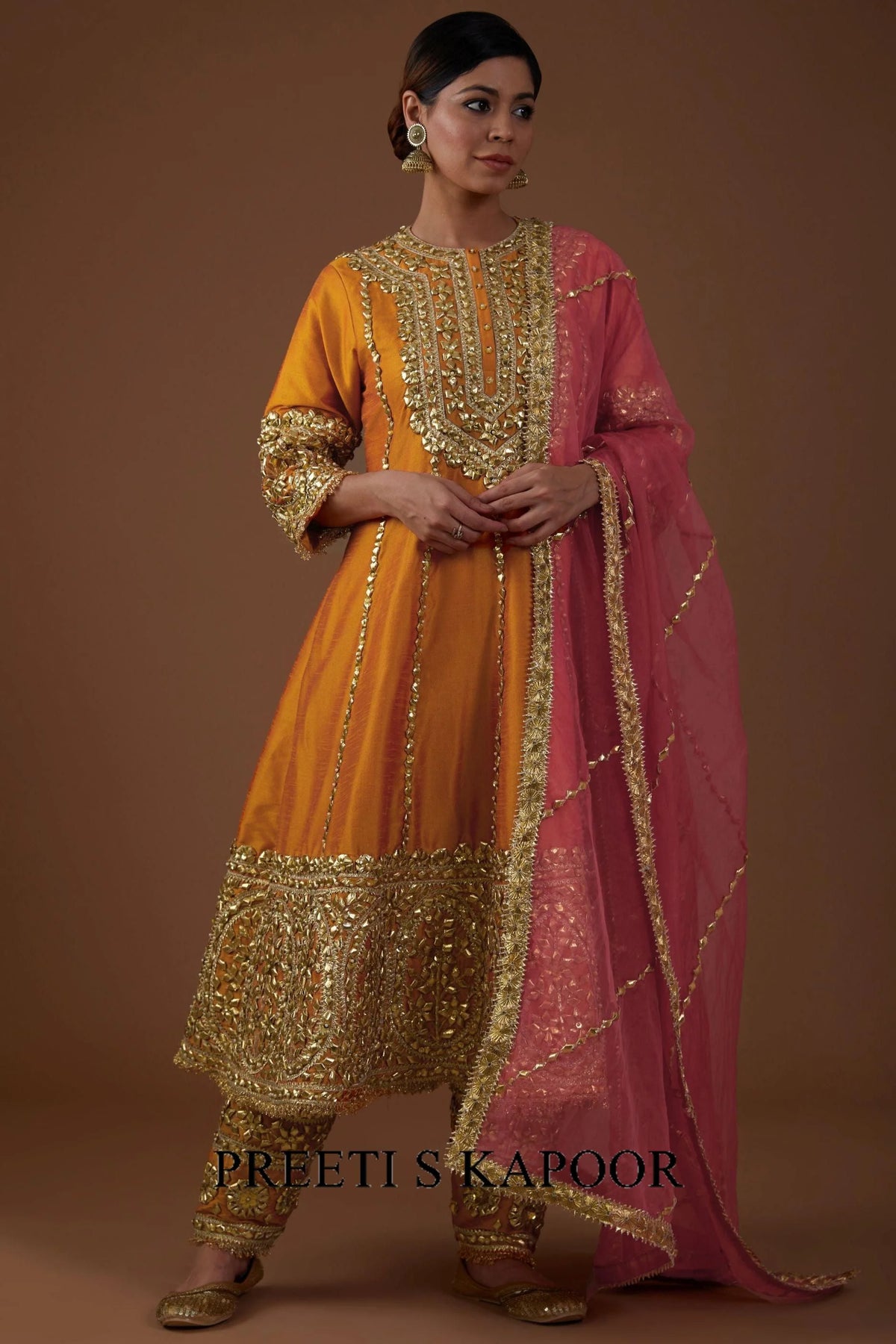 Marigold Majesty hued dupion silk Long Anarkali salwar set - Preeti S Kapoor