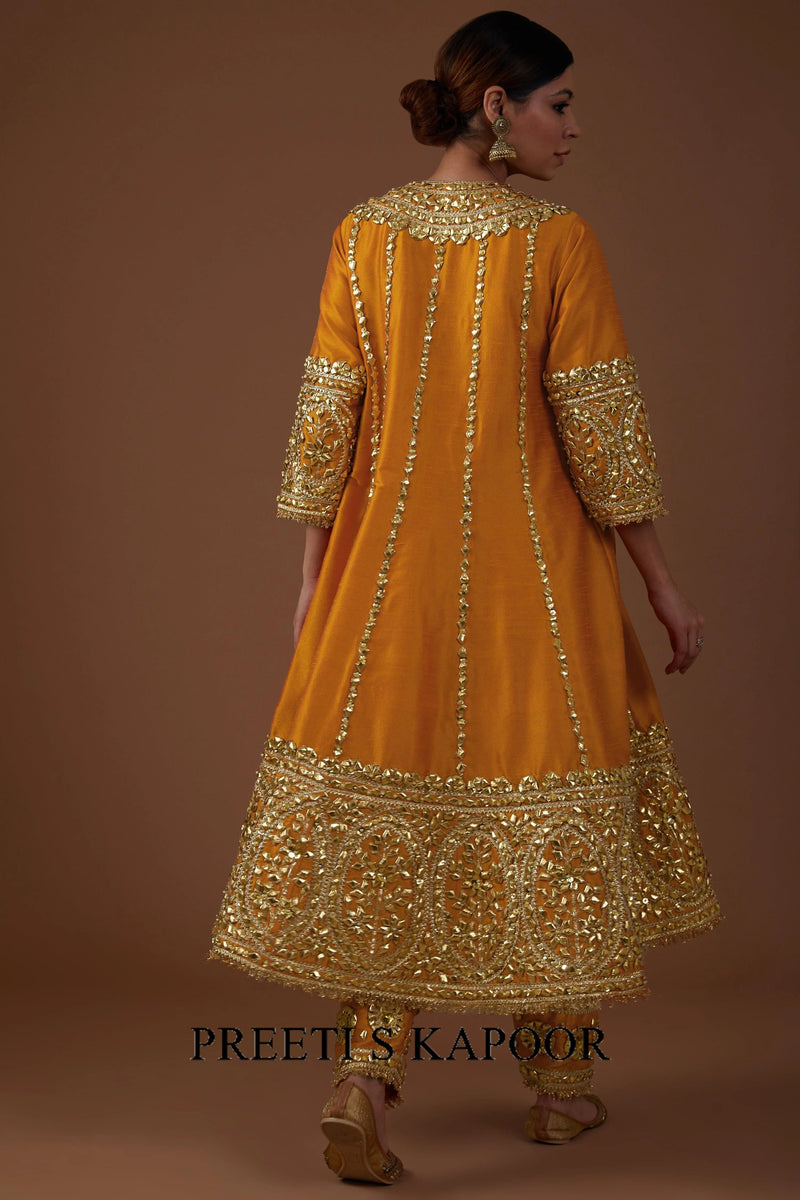 Marigold Majesty hued dupion silk Long Anarkali salwar set - Preeti S Kapoor
