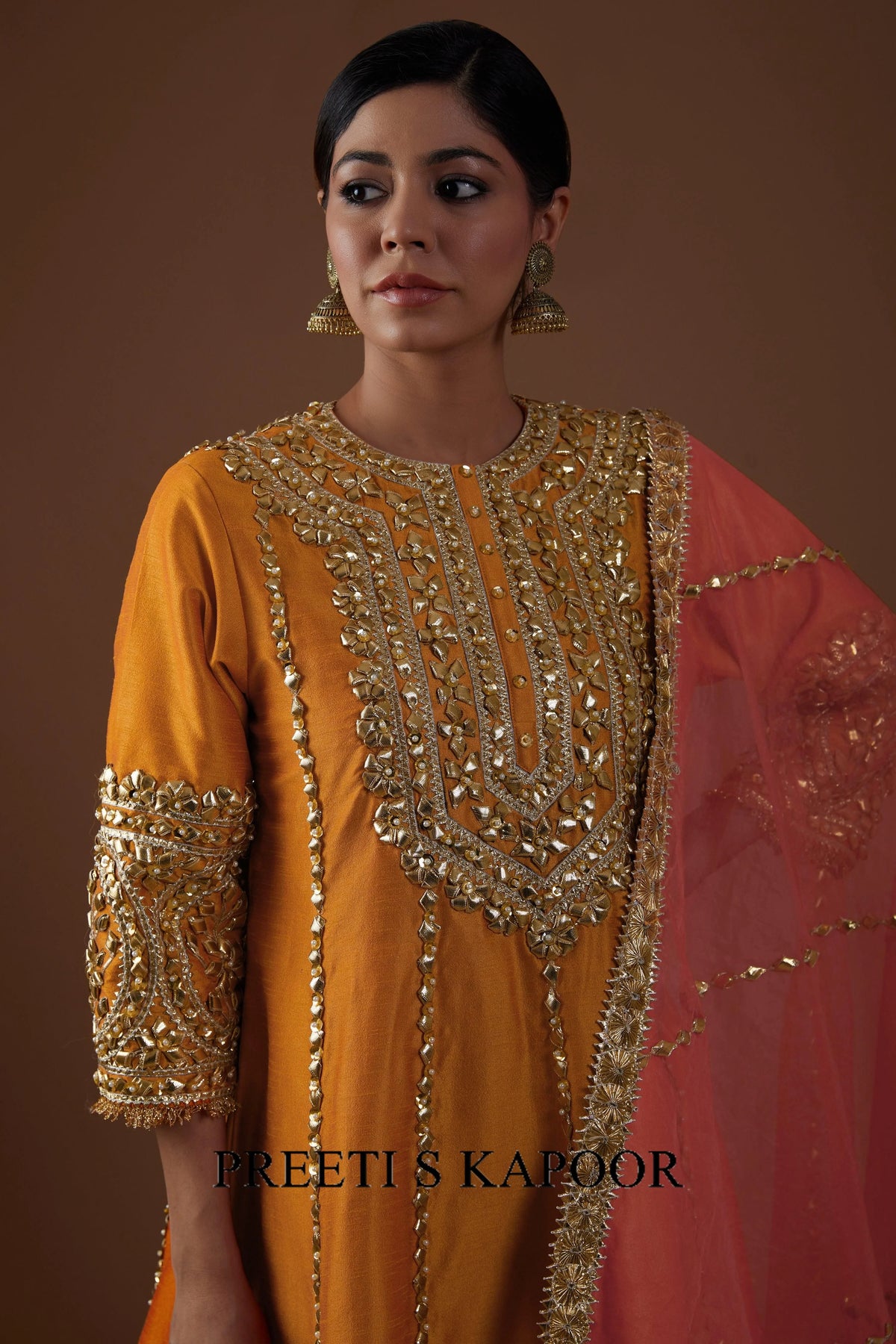 Marigold Majesty hued dupion silk Long Anarkali salwar set - Preeti S Kapoor