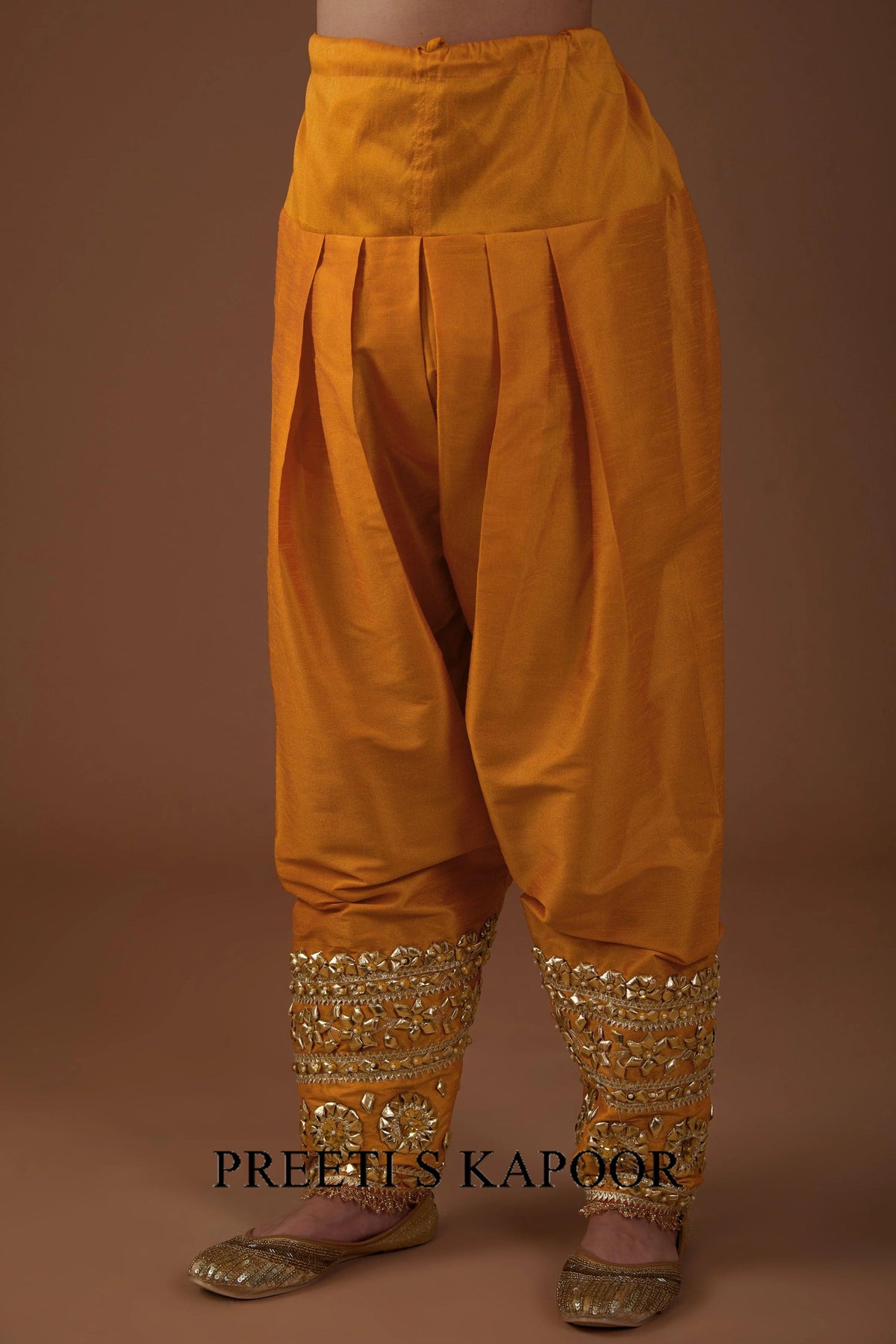 Marigold Majesty hued dupion silk Long Anarkali salwar set - Preeti S Kapoor