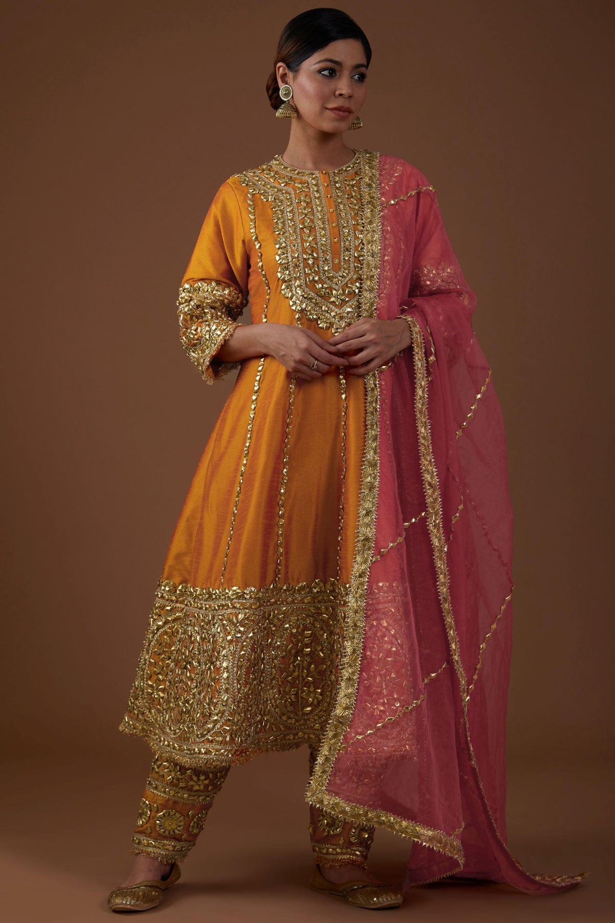 Marigold Majesty hued dupion silk Long Anarkali salwar set - Preeti s kapoor