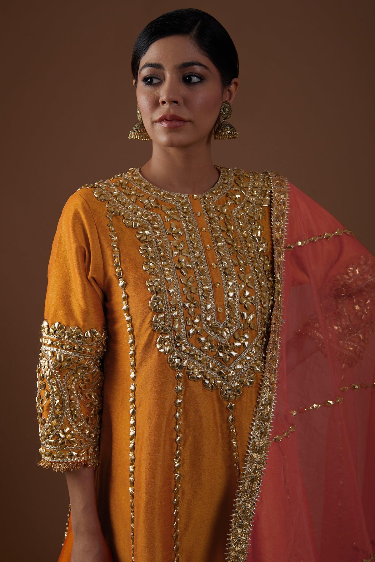 Marigold Majesty hued dupion silk Long Anarkali salwar set - Preeti s kapoor
