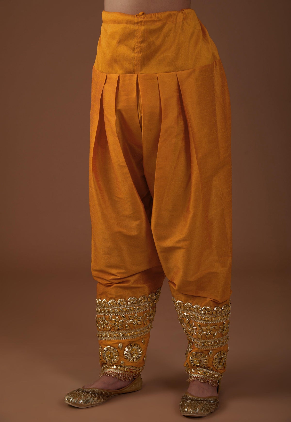 Marigold Majesty hued dupion silk Long Anarkali salwar set - Preeti s kapoor