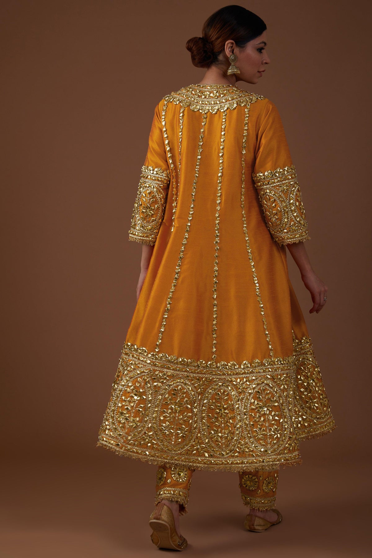 Marigold Majesty hued dupion silk Long Anarkali salwar set - Preeti s kapoor