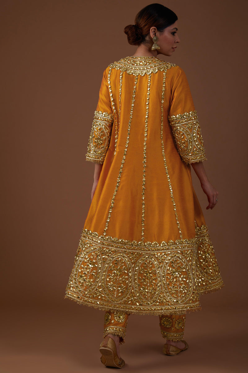Marigold Majesty hued dupion silk Long Anarkali salwar set - Preeti s kapoor