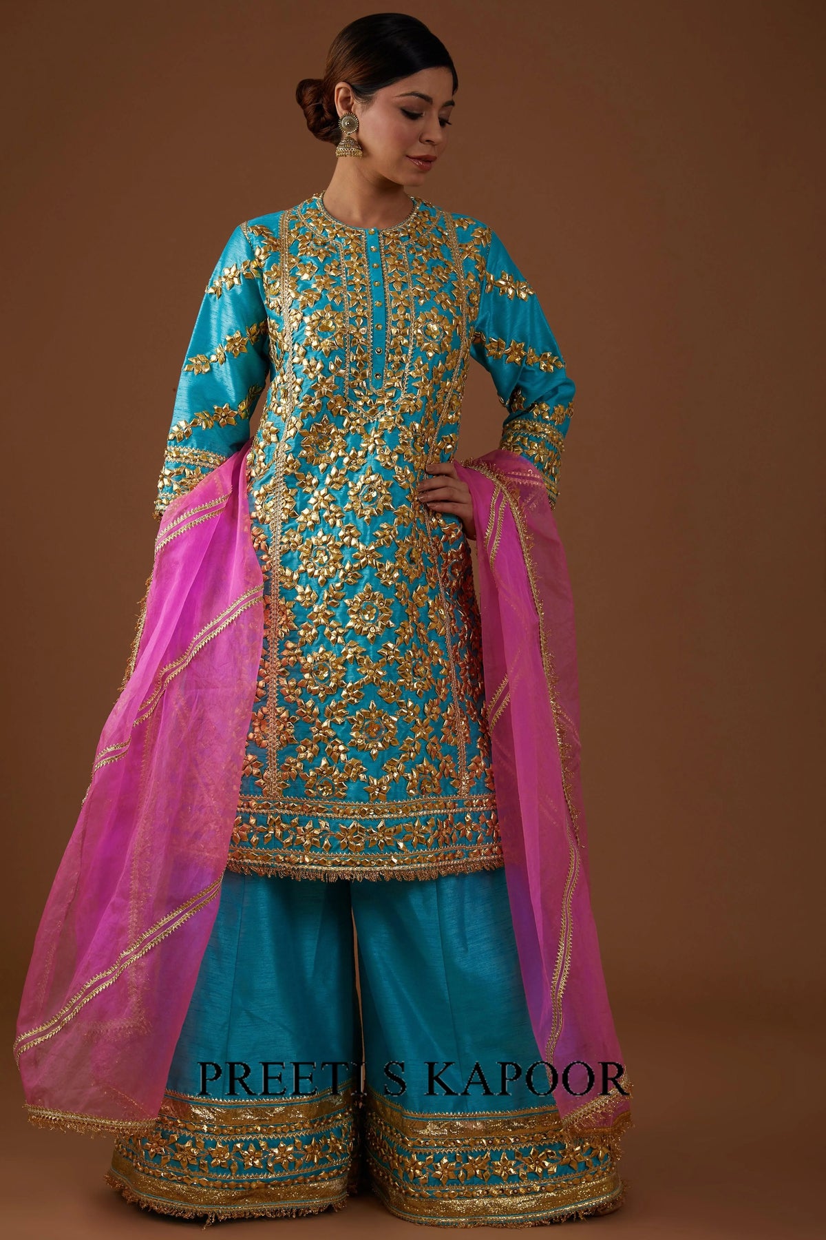 Teal Serenade hued dupion silk A-line Kurta farsha set - Preeti S Kapoor