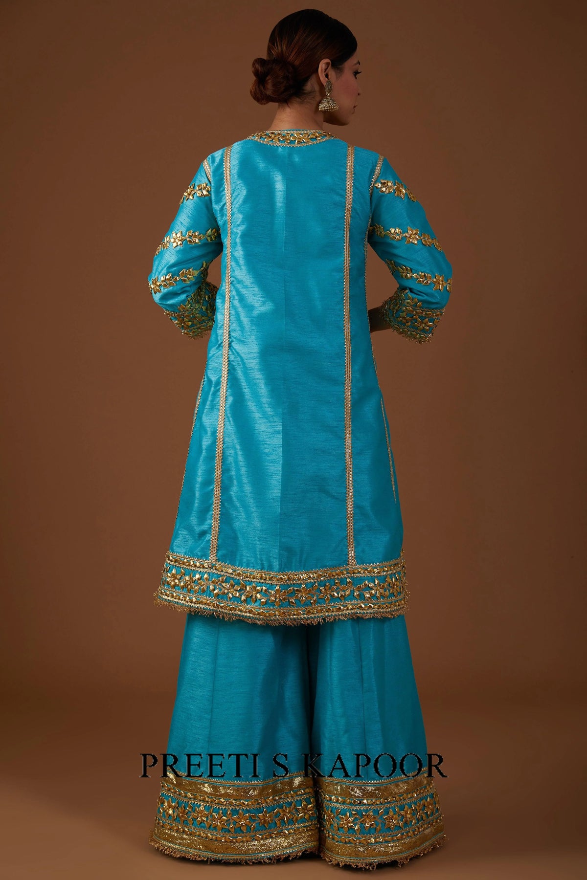 Teal Serenade hued dupion silk A-line Kurta farsha set - Preeti S Kapoor
