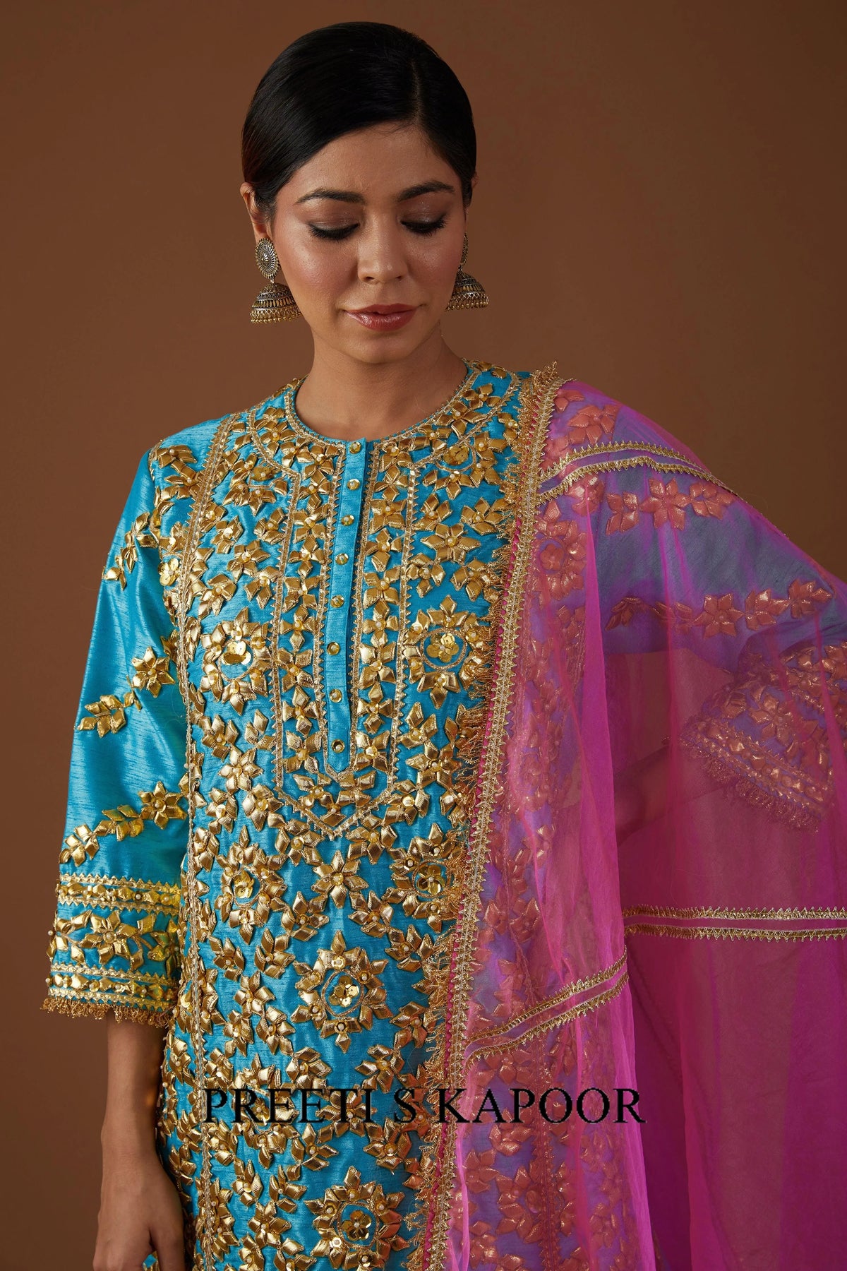 Teal Serenade hued dupion silk A-line Kurta farsha set - Preeti S Kapoor