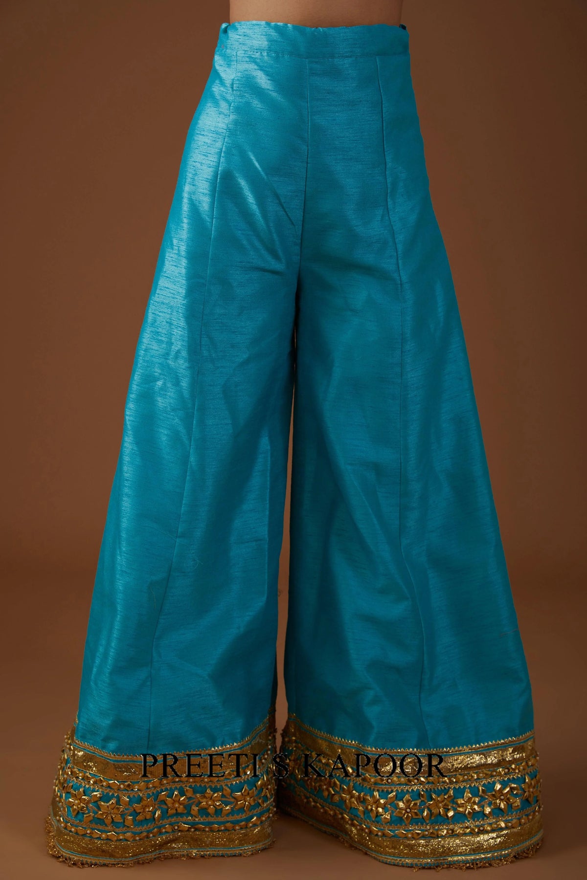 Teal Serenade hued dupion silk A-line Kurta farsha set - Preeti S Kapoor