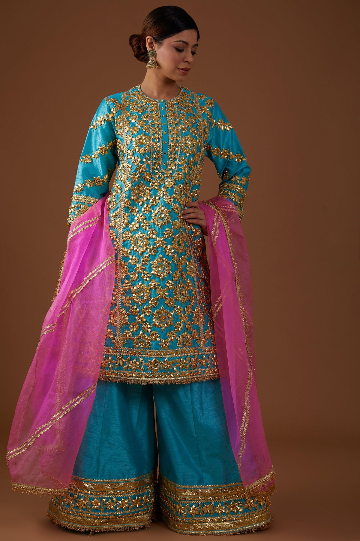 Teal Serenade hued dupion silk Aline Kurta farsha set - Preeti s kapoor