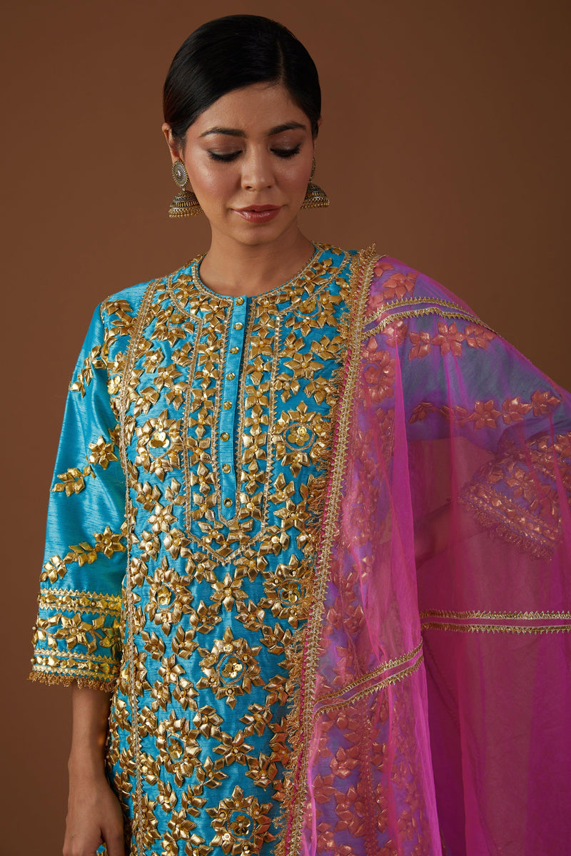 Teal Serenade hued dupion silk Aline Kurta farsha set - Preeti s kapoor