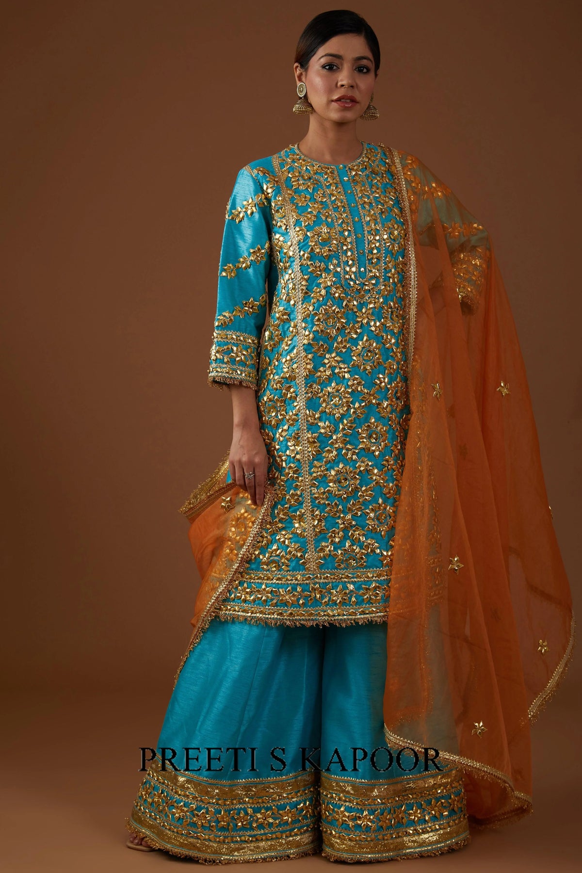 A Teal Serenade hued dupion silk A-line Kurta farsha set - Preeti S Kapoor