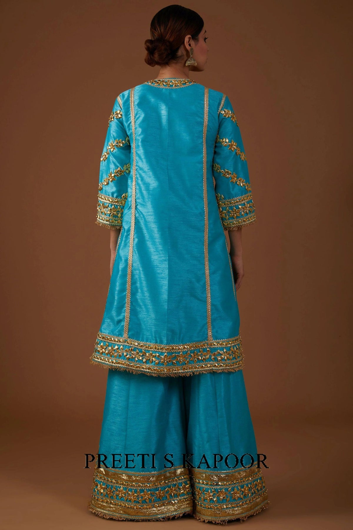 A Teal Serenade hued dupion silk A-line Kurta farsha set - Preeti S Kapoor