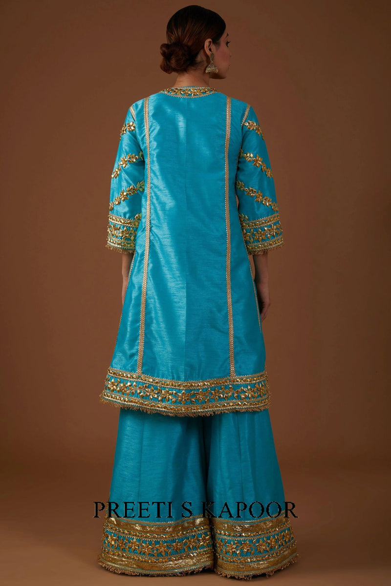 A Teal Serenade hued dupion silk A-line Kurta farsha set - Preeti S Kapoor