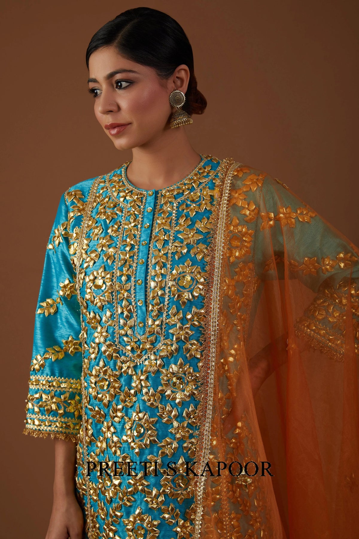 A Teal Serenade hued dupion silk A-line Kurta farsha set - Preeti S Kapoor