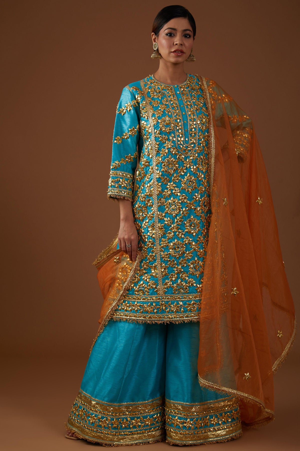 A Teal Serenade hued dupion silk Aline Kurta farsha set - Preeti s kapoor