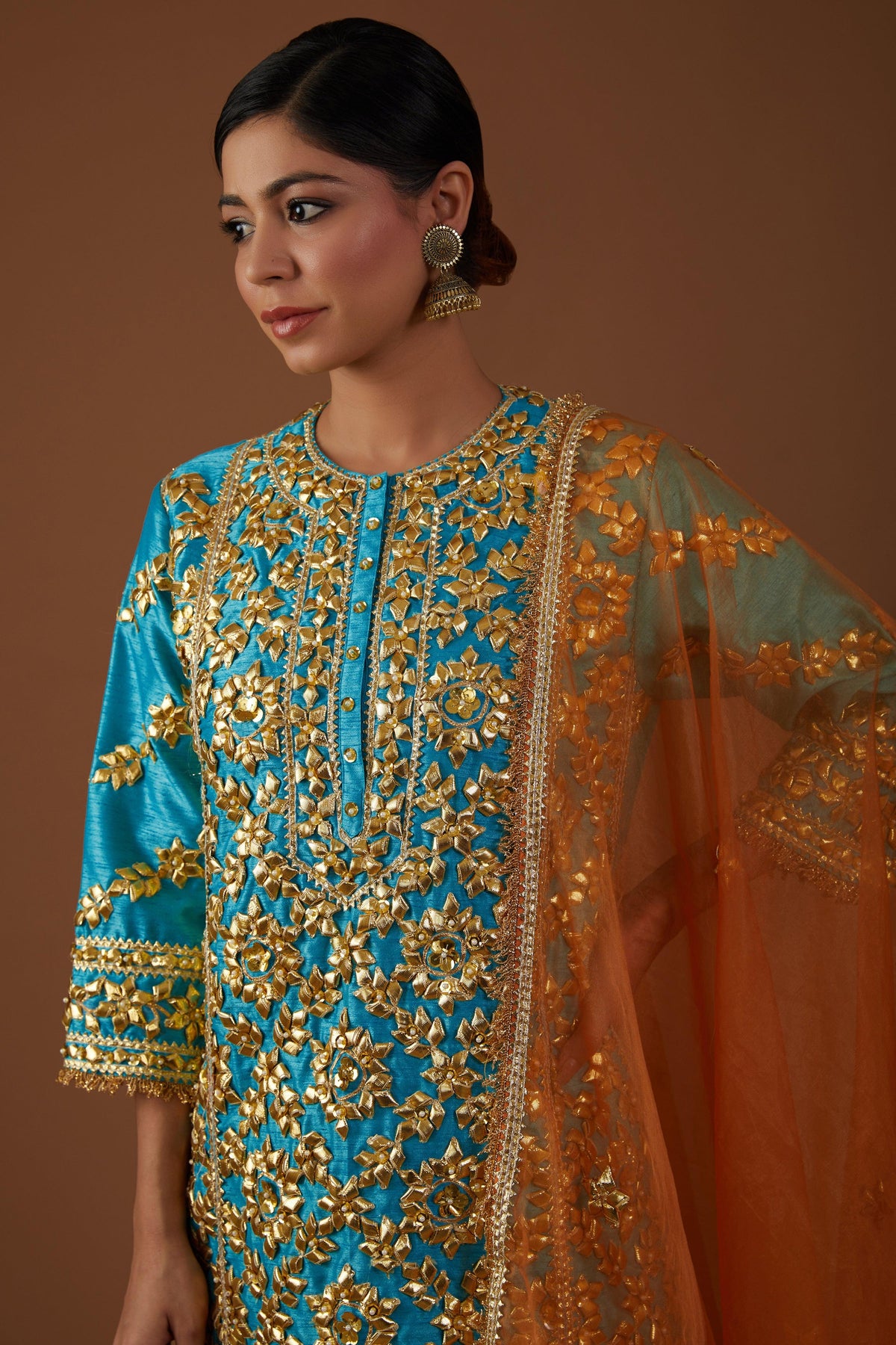 A Teal Serenade hued dupion silk Aline Kurta farsha set - Preeti s kapoor