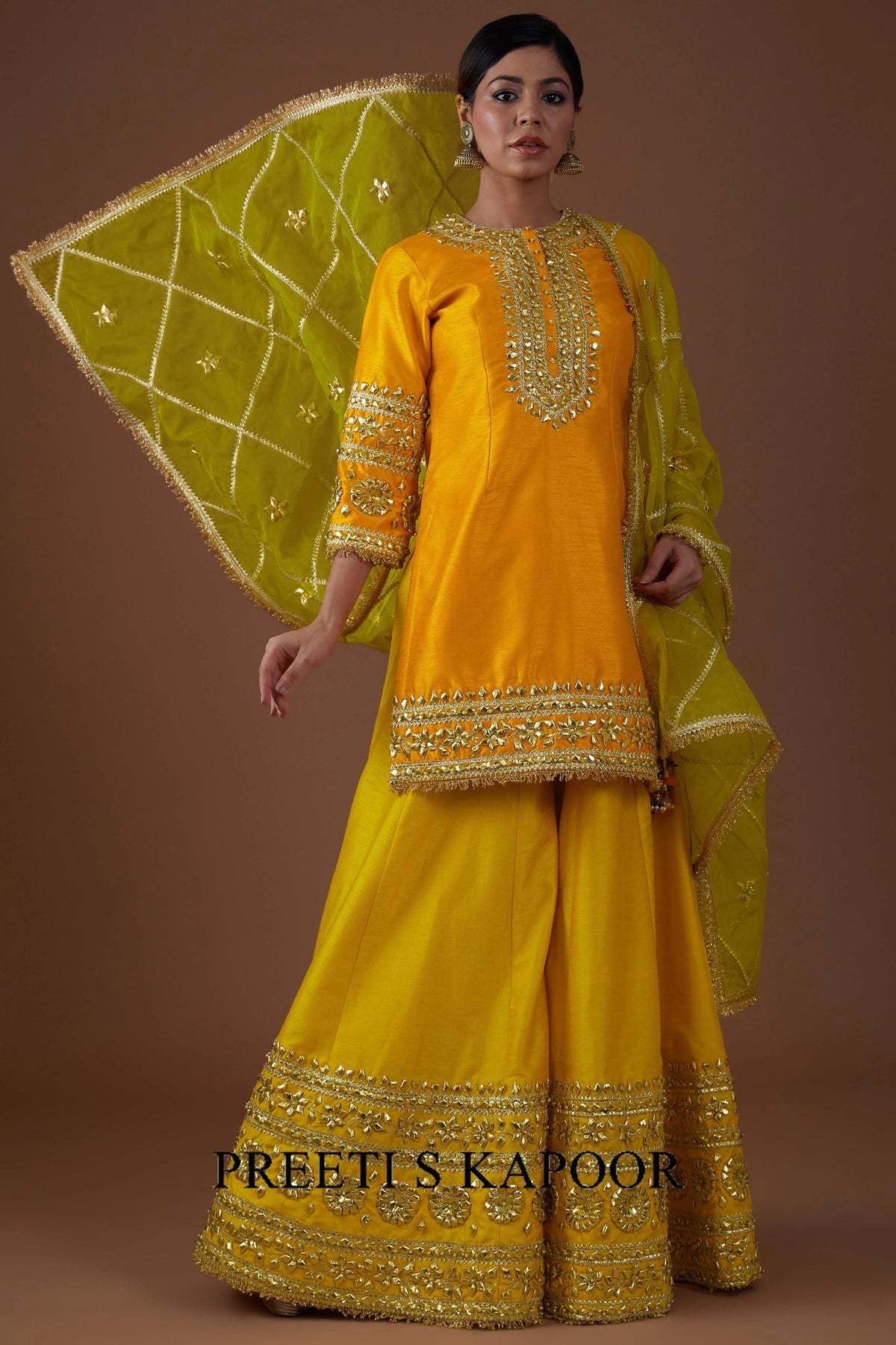Amber glow hued dupion silk Kurta sharara set - Preeti S Kapoor