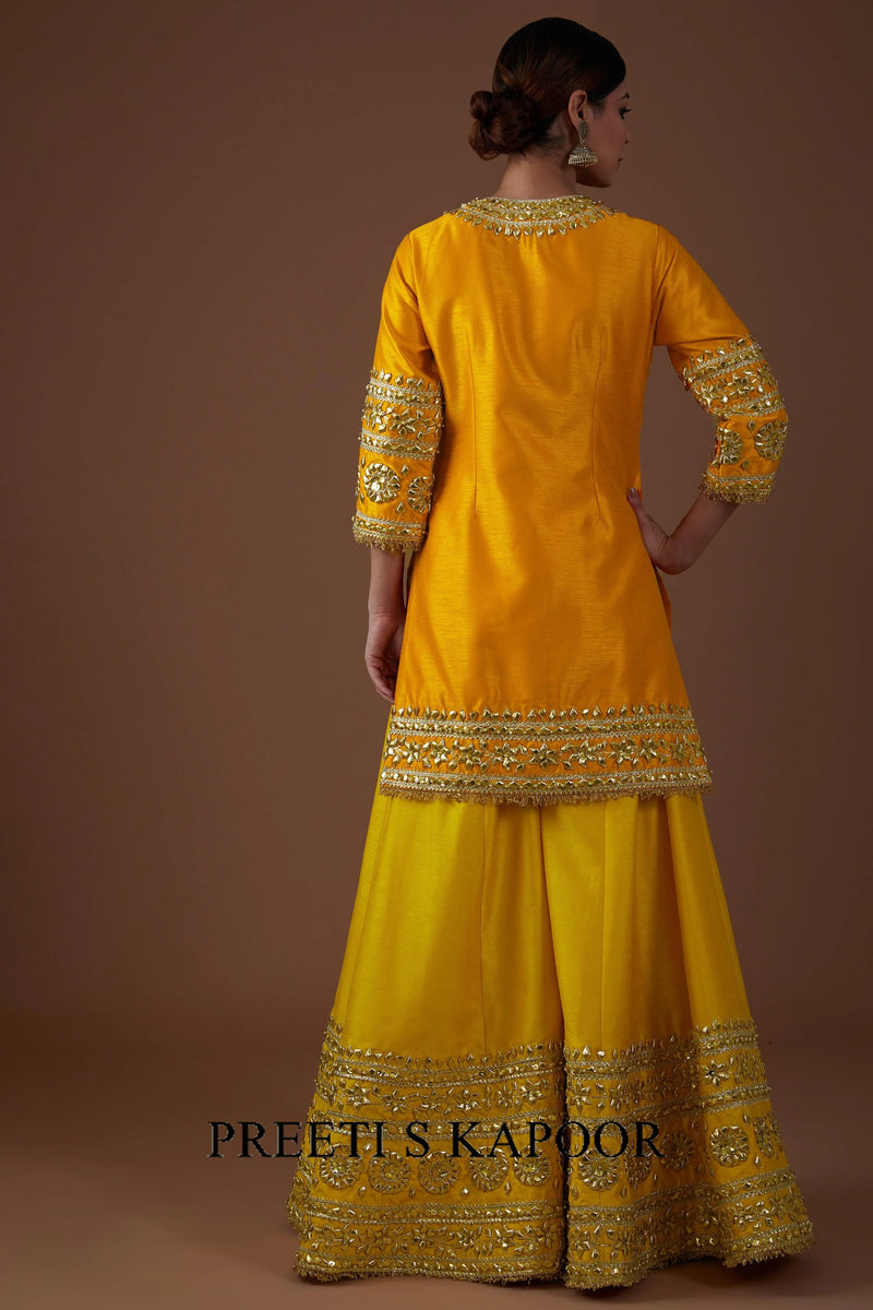 Amber glow hued dupion silk Kurta sharara set - Preeti S Kapoor